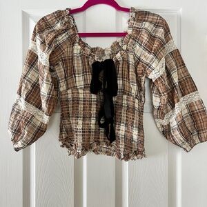 Urban Outfitters Plaid Blouse with Lace Detail